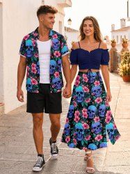 Skulls Hibiscus Flower Leaf Print Matching Hawaii Beach Outfit For Couples - Bleu 