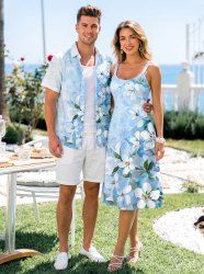Ombre Flower Leaf Print Matching Hawaii Beach Outfit For Couples -  