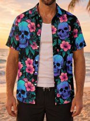 Chemise Hawaïenne à boutons avec poche imprimé crânes, hibiscus et feuilles pour homme - Émeraude S