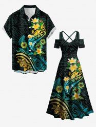 Hibiscus Flower Tropical Leaf Print Matching Hawaii Beach Outfit For Couples -  