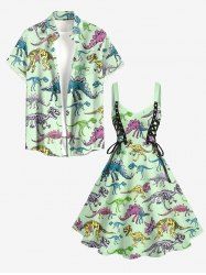 Tenue de plage hawaiienne assortie pour couples avec motif squelette de dinosaure - Vert clair 