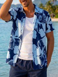 Hibiscus Flower Print Buttons Pocket Hawaii Shirt For Men - Bleu profond XL