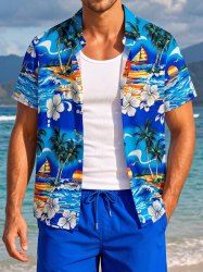 Coconut Tree Hibiscus Flower Sea Waves Print Buttons Pocket Hawaii Shirt For Men -  