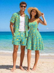 Tenue de plage hawaïenne assortie à imprimé fleuri pour couples - Turquoise Foncée 
