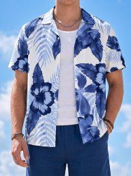 Tropical Leaf Hibiscus Flower Print Hawaii Button Pocket Shirt For Men -  