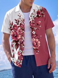 Flower Leaf Branch Print Hawaii Button Pocket Shirt For Men -  
