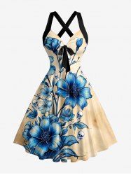 Robe tank Hawaii à imprimé crânes, fleurs et feuilles, bretelles croisées et nœud - Bronze XXL