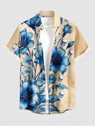 Chemise hawaïenne pour homme à imprimé crânes, fleurs et feuilles, avec boutons et poche - Bronze S