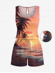 Coconut Tree Cloud Seascape Print Cinched Hawaii Romper -  