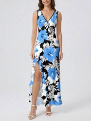 Robe portefeuille fendue à volants Hawaii imprimé feuilles tropicales et fleurs d'hibiscus - Bleu Ciel XXL