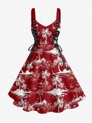 Robe débardeur Hawaii à imprimé cocotier et hibiscus avec lacets et œillets - Rouge Vineux 1X