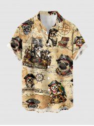 Chemise hawaïenne pour homme à imprimé chien, bateau pirate, gouvernail et perroquets, avec boutons et poche - café lumière 3XL
