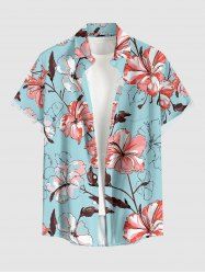 Chemise hawaïenne pour homme à imprimé fleurs et feuilles d'hibiscus, avec boutons et poche - Bleu clair 3XL