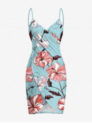 Paréo de plage convertible à imprimé hawaïen feuilles et fleurs d'hibiscus - Bleu clair 2X