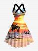 Tenue de plage hawaïenne assortie pour couple avec motif peinture à l'huile de cocotier, paysage marin et soleil - Orange 