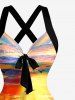 Tenue de plage hawaïenne assortie pour couple avec motif peinture à l'huile de cocotier, paysage marin et soleil - Orange 