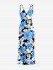 Robe portefeuille fendue à volants Hawaii imprimé feuilles tropicales et fleurs d'hibiscus - Bleu Ciel XXL
