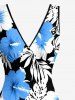 Robe portefeuille fendue à volants Hawaii imprimé feuilles tropicales et fleurs d'hibiscus - Bleu Ciel XXL