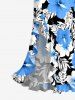 Robe portefeuille fendue à volants Hawaii imprimé feuilles tropicales et fleurs d'hibiscus - Bleu Ciel XXL