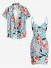 Paréo de plage convertible à imprimé hawaïen feuilles et fleurs d'hibiscus - Bleu clair 2X