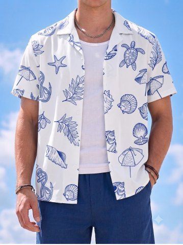 Shell Turtle Conch Anchor Leaf Print Hawaii Button Pocket Shirt For Men - BLUE - 3XL