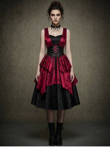 Gothic Jacquard Flower Embroidery Chain Lace Up Corset A Line Dress - RED - XXXL