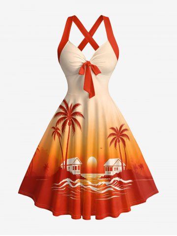 Coconut Tree Sun Seascape Ombre Print Crisscross Straps Bowknot Hawaii Tank Dress - ORANGE - M