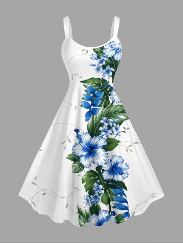 Robe débardeur Hawaii à imprimé feuilles et fleurs d'hibiscus (bretelles réglables) - WHITE - 5X