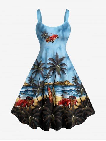 Coconut Tree Cars Sea Waves Seascape Print Hawaii Tank Dress(Adjustable Shoulder Strap)