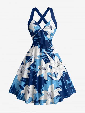 Robe hawaïenne sans manches à imprimé fleurs et feuilles tropicales, bretelles croisées et nœud - BLUE - S