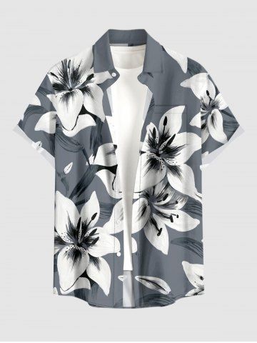 Chemise hawaïenne pour homme à imprimé feuilles et fleurs avec poche boutonnée - LIGHT GRAY - XL