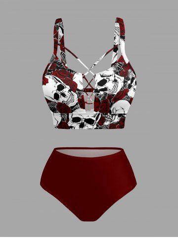 Maillot de bain tankini Hawaii imprimé crânes, roses et fleurs, avec panneau à lacets
