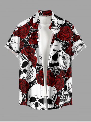 Chemise hawaïenne pour homme à imprimé crânes, roses et fleurs, avec boutons et poche - DEEP RED - XL