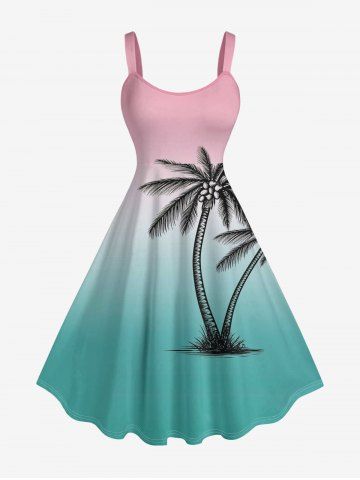 Coconut Tree Ombre Print Hawaii A Line Dress - PINK - L