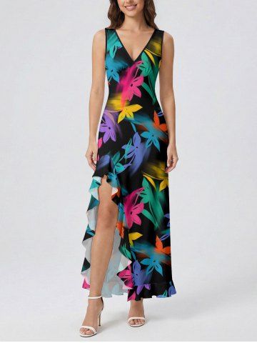 Robe fendue à volants Hawaii avec imprimé fleurs et feuilles multicolore - DARK TURQUOISE - XS