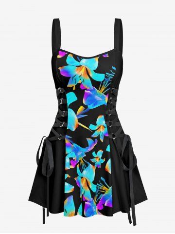Robe trapèze à imprimé floral dégradé Hawaï à lacets - LAKE BLUE - L