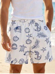 Short de plage hawaïen à cordon de serrage pour homme avec motif carapace de tortue, conque, ancre et feuille - Blanc 4XL