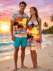 Tenue de plage hawaïenne assortie pour couple avec motif peinture à l'huile de cocotier, paysage marin et soleil - Orange 