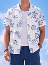 Shell Turtle Conch Anchor Leaf Print Hawaii Button Pocket Shirt For Men -  