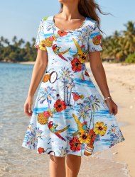 Coconut Tree Pineapple Hibiscus Flower Sea Sailboat Print Hawaii A Line Dress -  
