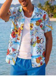 Coconut Tree Pineapple Hibiscus Flower Sea Sailboat Print Hawaii Button Pocket Shirt For Men -  
