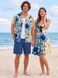 Tenue de plage hawaïenne assortie pour couple à motif crânes, fleurs et feuilles - Bronze 