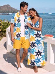 Tenue de plage hawaïenne assortie pour couple - Imprimé floral coloré - Bleu Ciel 