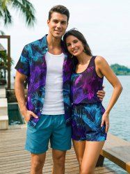 Tenue de plage assortie pour couple : chemise hawaïenne et combinaison courte - Imprimé dégradé cocotier - Concorde 