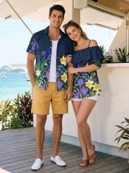 Flower Leaf Plant Print Matching Hawaii Beach Outfit For Couples -  