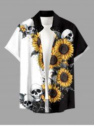 Chemise hawaïenne à boutons et poche, imprimé crânes et tournesols pour homme - Noir 3XL