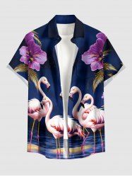 Chemise hawaïenne à boutons avec poche, à imprimé hibiscus, flamant rose et cocotier, pour homme - Bleu profond 3XL