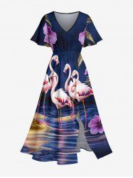 Hibiscus Flower Flamingo Coconut Tree Print Hawaii Split Pocket A Line Midi Dress -  