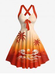 Coconut Tree Sun Seascape Ombre Print Crisscross Straps Bowknot Hawaii Tank Dress -  