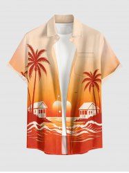 Chemise hawaïenne pour homme avec motif ombré coucher de soleil et cocotiers, boutons et poche - Orange M